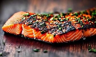 Grilled salmon. Healthy food baked salmon. Hot fish dish. photo