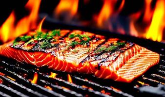 Grilled salmon. Healthy food baked salmon. Hot fish dish. photo