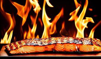 Grilled salmon. Healthy food baked salmon. Hot fish dish. photo