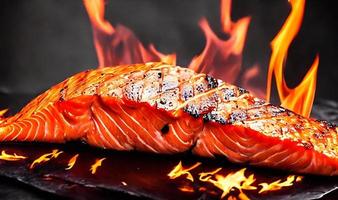 Grilled salmon. Healthy food baked salmon. Hot fish dish. photo