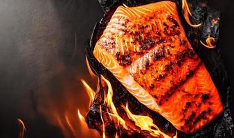 Grilled salmon. Healthy food baked salmon. Hot fish dish. photo