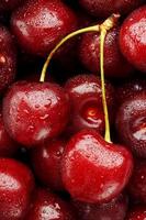 Ripe and fresh berries of a sweet cherry with water drops closeup. photo