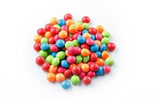 Rainbow-colored candies, multicolored close-up, texture and repetition of dragee photo