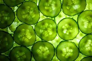 rodajas de pepino fresco verde retroiluminadas como fondo de textura foto