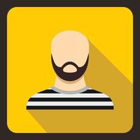 Bearded man in prison garb icon, flat style vector