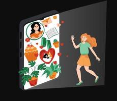 A woman runs into the screen of a smartphone, her favorite social network, likes. Vector illustration