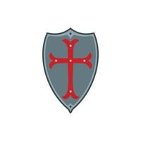 Medieval shield with red cross icon, flat style vector
