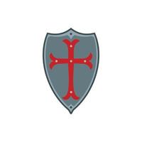 escudo medieval con icono de cruz roja, estilo plano vector