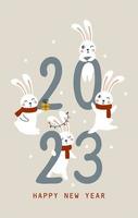 Poster Happy New Year 2023 with cute rabbits. Vector illustrations