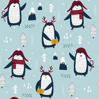 Christmas seamless pattern with cute penguin. Vector illustrations