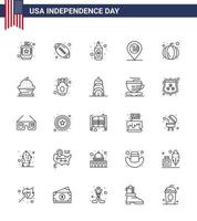 USA Independence Day Line Set of 25 USA Pictograms of pumpkin sign american ball map american Editable USA Day Vector Design Elements