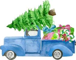 Watercolor blue christmas truck with pine tree and gift boxes. vector