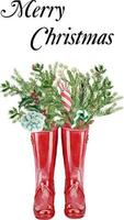 Watercolor Christmas wellies with fir branches and flowers. Xmas green and red rain boots for wellington rain boots picture gifts. Holiday invitation with welly boots and pine tree branches. vector