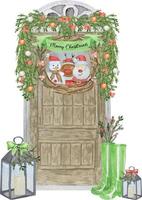 Watercolor wooden front door illustration with christmas wreath, art illustration painted with watercolors isolated on white background