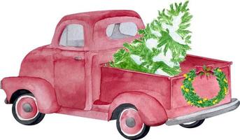 Watercolor red christmas truck with pine tree and gift boxes. vector