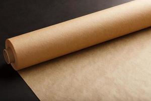 A roll of unfolded brown parchment paper, for baking food in on a dark background, top view. photo