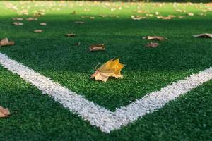 Artificial turf soccer field, a corner marker line. photo