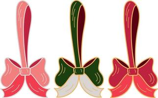 Vector doodle set of three Christmas ribbon with bows. Christmas tree decoration elements on white background