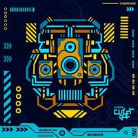 Loudspeaker electronic cyberpunk blue design with dark background. Abstract technology vector illustration.