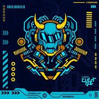 Robot skull in neon cyberpunk blue design with dark background. Abstract technology vector illustration.