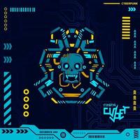 Robot skull in neon cyberpunk blue design with dark background. Abstract technology vector illustration.