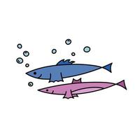 Cute doodle couple of fish isolated. Vector illustration of cartoon outline sea abodes for kids. Wild marine life in hand drawn style