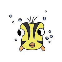 Cute doodle fish with funny face isolated. Vector illustration of cartoon outline sea abode for kids. Wild marine life in hand drawn style
