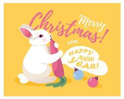 Cute rabbit with a carrot. Greeting card for Christmas and New Year with a rabbit. Vector illustration.