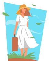 mujer madura de pie sosteniendo y llevando maleta. prepárate para vacaciones, viajes. fondo azul cielo. concepto de estilo de moda, estilo, belleza, vacaciones, etc. ilustraciones de vectores planos.
