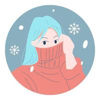 retrato de personaje de avatar de invierno. hermosa mujer en la cara cubierta de suéter. ilustración vectorial de dibujos animados coloridos. ropa de abrigo de moda moderna. nevada. icono de nieve. vector