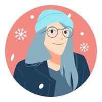 woman wearing glasses and wearing a beanie hat. winter avatar character portrait. colorful cartoon vector illustration. modern fashion warm clothing. snowfall. snow icon.