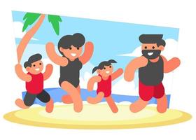 illustration of family on summer vacation, playing on the beach, parents, boy and girl. holiday. recreation. sea. swimsuit. flat vector style