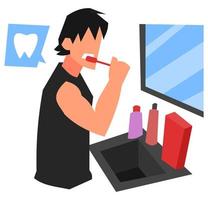 man brushing teeth in the morning. features a sink, glass and gear icon. suitable for themes of self-cleaning, dental health, appearance, etc. flat vector illustration