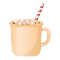 Vector isolated illustration of a mug with hot coffee or chocolate, marshmallow pieces and a straw. Winter Christmas warming drink.