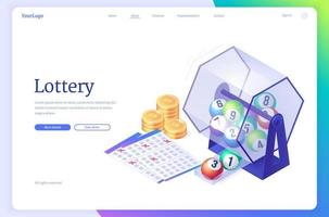 Lottery isometric landing page. Wheel drum machine vector