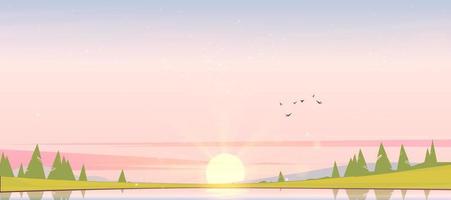Sunrise landscape with lake and trees vector