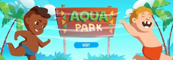 Aquapark banner with happy kids on sea beach
