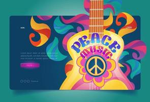 Peace music banner with hippie sign and guitar vector