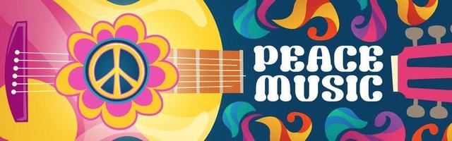 Hippie music cartoon banner with acoustic guitar vector
