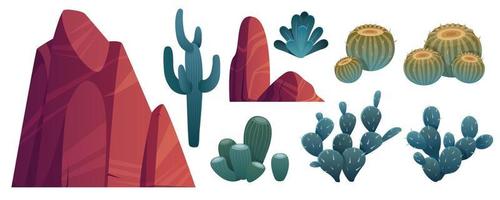 Mountain rocks and cacti stones with desert plants vector