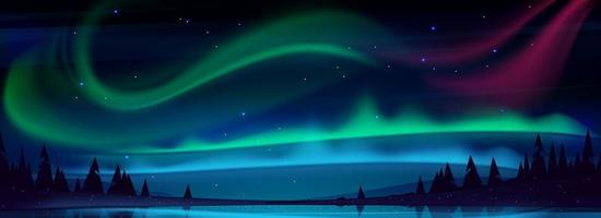 Arctic aurora borealis over night lake in sky vector