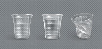 Plastic cups, crumpled and full of water mugs vector