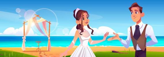 Beach wedding ceremony with newlywed couple vector