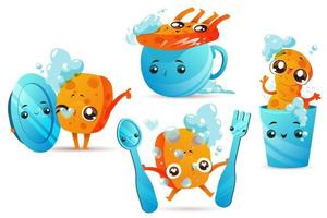 Cleaning sponge with dishes, cute cartoon mascot vector