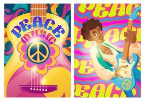 carteles de música de paz con letrero hippie y guitarra vector