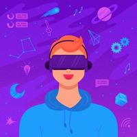 concepto de tecnología del mundo digital del metaverso. el joven usa auriculares de realidad virtual rodeados de simulación de metaverso cibernético. experiencia de red de innovación, juegos de ar. estilo de vida futurista. vector