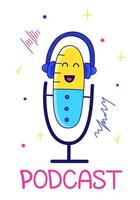 Microphone and earphones cartoon icon with inscription Podcast. Sound recording equipment, media tools, podcast studio items, broadcasting facilities. Mic and headphones isolated color drawing vector