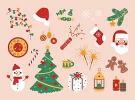 Set of Christmas and New Year elements on a beige background. Christmas tree, Santa Claus, snowman, sweets, decorations and other festive items. Vector flat illustration