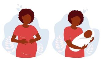 A pregnant african american woman and with a newborn baby in her arms. A happy mother expecting a baby. Vector graphics.
