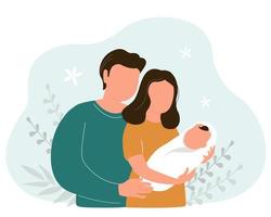 A mother with a baby in her arms and a father hugging. Happy loving family. Vector graphics.